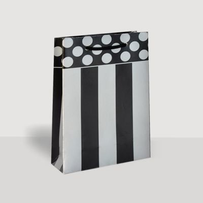 25 Li 11X17 Siyah Gümüş Çizgili/Puantiyeli Karton Çanta