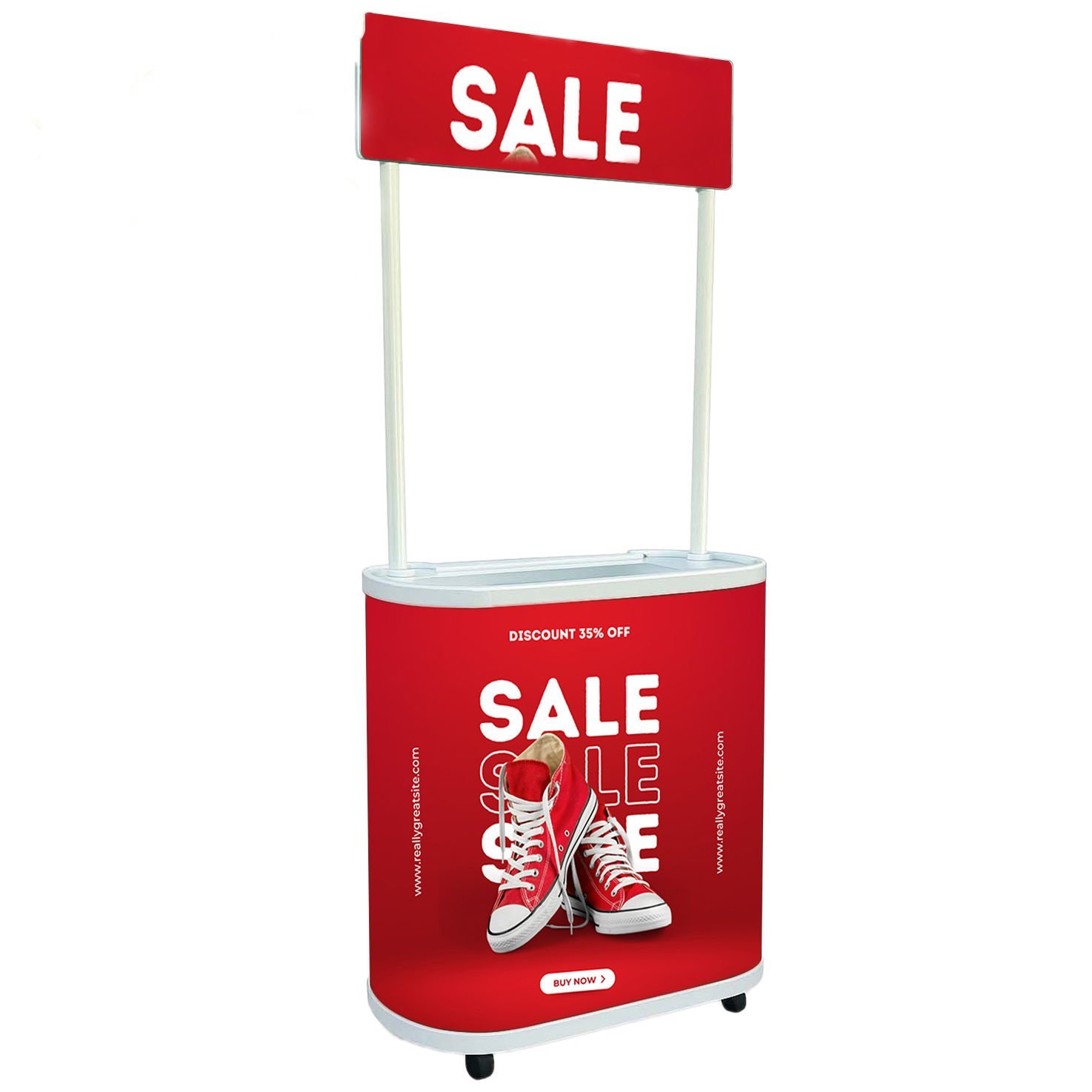 Taşınabilir Oval Plastik Tanıtım Standı – Fuarlık Promosyon Standı (Baskı Dahil)