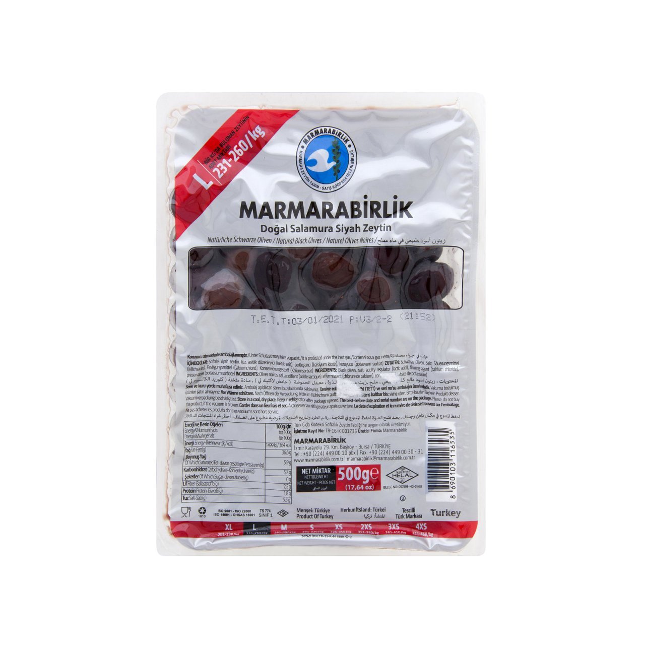 Marmarabirlik Doğal Salamura Siyah Zeytin 500 gr