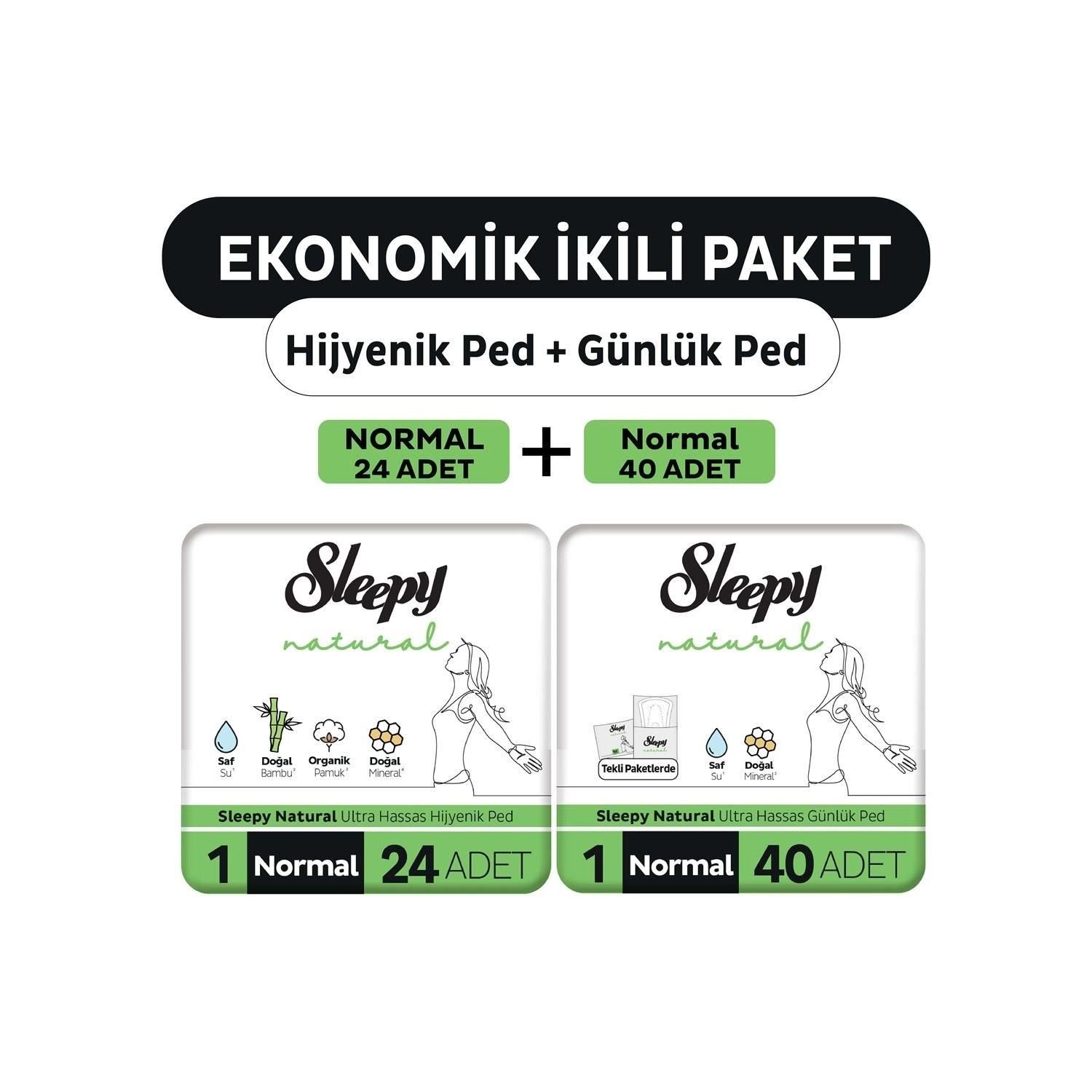 Sleepy Ekonomik Ikili Paket (Natural Ultra Hassas Hijyenik Ped Normal 24'Lü + Günlük Ped Normal 40'Lı)