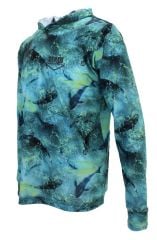 Stafu .99 Erkek Kapüşonlu, Uzun Kollu, Ultra Hafif Balıkçı Yelkenci Köpekbalığı Desenli Lime UV Korumalı Tişört