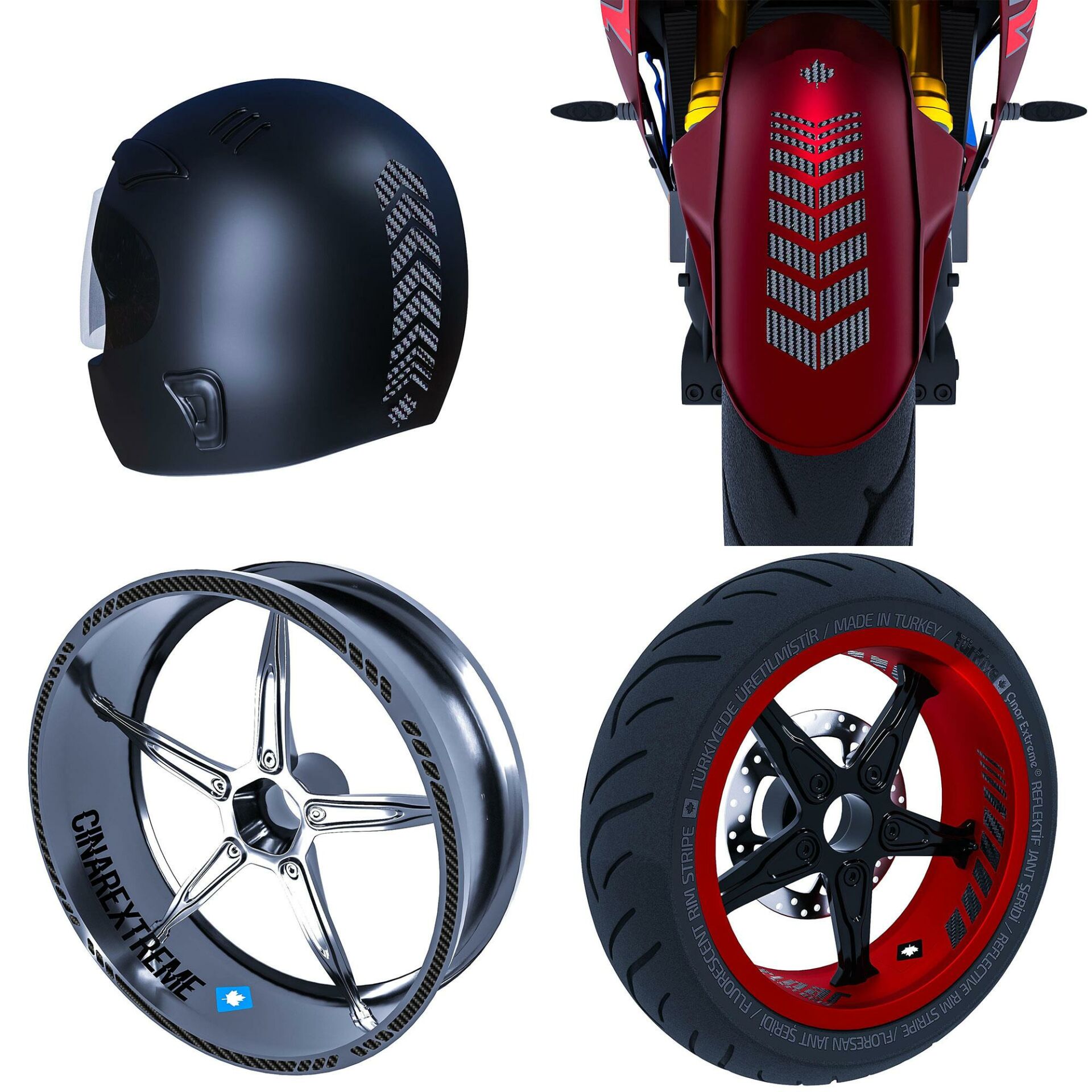 Moto Rider 4'lü Sticker Seti Siyah Karbon Fiber Dokulu İç Dış Jant Şeridi Kask ve Çamurluk Çınar Extreme