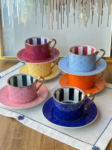 Çay Fincan Takımı Renkli Puantiye 6 Kişilik 12 Parça