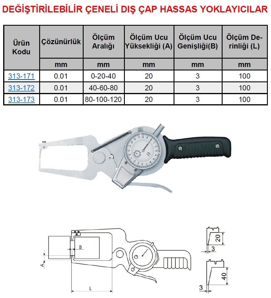 Değişebilir Çeneli Dış Çap Hassas Yoklayıcı 40-60-80mm