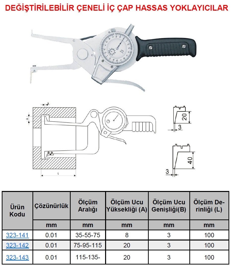 Değişebilir Çeneli İç Çap Hassas Yoklayıcı 35-55-75mm