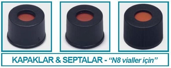 İsolab kapak + septa - N8 - kırmızı kauçuk / FEP renksiz - yarıksız - N8 vial için (100 adet)
