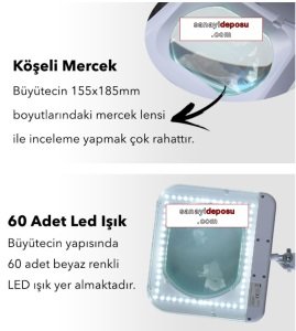 6020-8 Hem Ayaklı Hem Masaüstü Ledli Köşeli Lensli Büyüteç