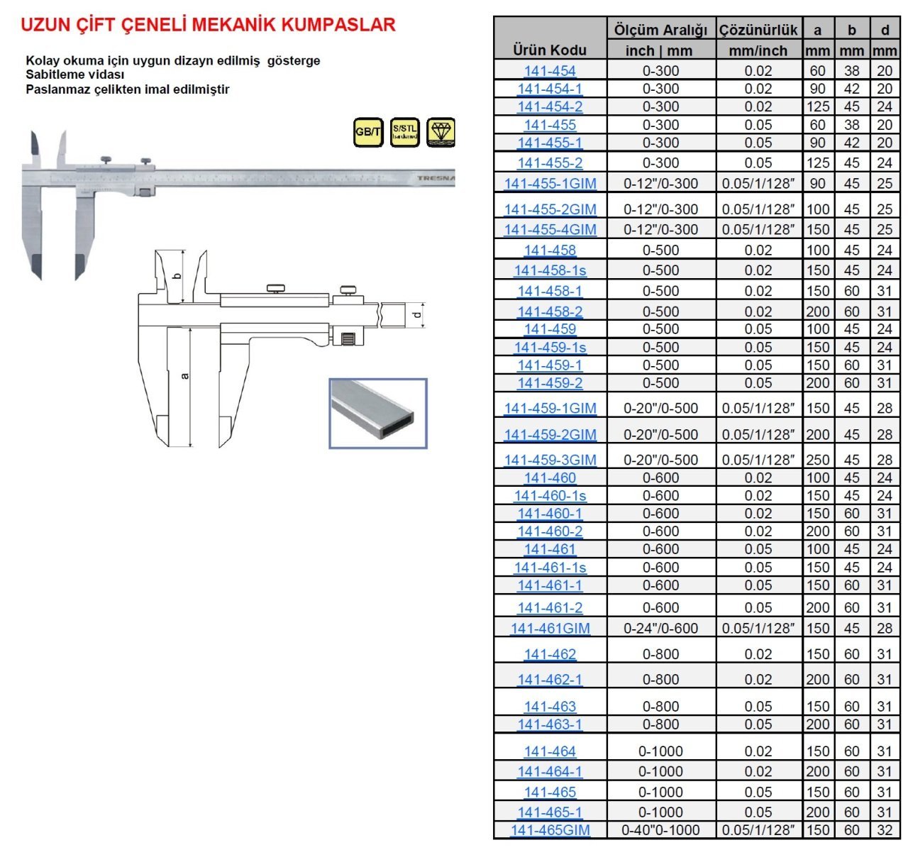 Uzun Çift Çene Mekanik Kumpas 300/60/0.05mm