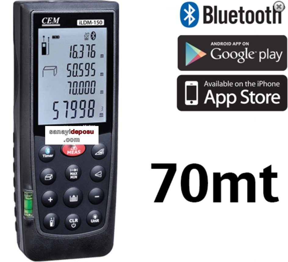 CEM iLDM-150 Çok Fonksiyonlu Bluetooth Lazermetre (70 metre ölçüm)