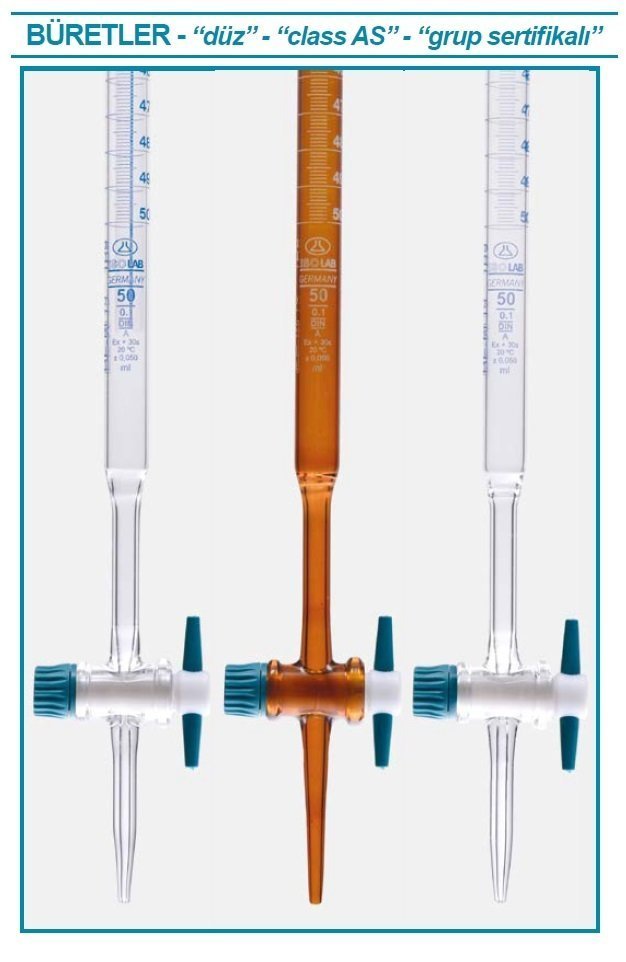 İsolab büret - düz - şeffaf - PTFE musluklu - AS kalite - grup sertifikalı - şelbah çizgili - mavi skala