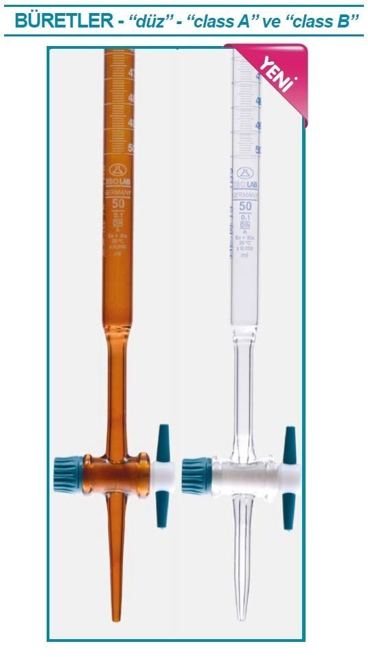 İsolab büret - düz - şeffaf - PTFE musluklu - B kalite - amber skala