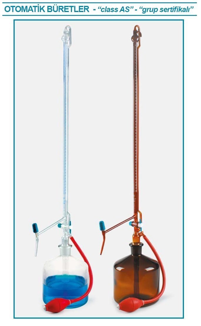 İsolab otomatik büret - şeffaf - PTFE ara musluklu - AS kalite - grup sertifikalı - şelbah çizgili - mavi skala