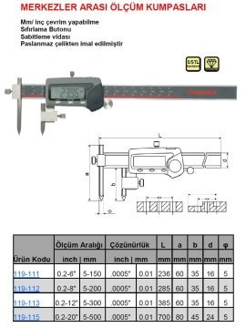 Merkezler Arası Ölçüm Kumpası 5-300mm