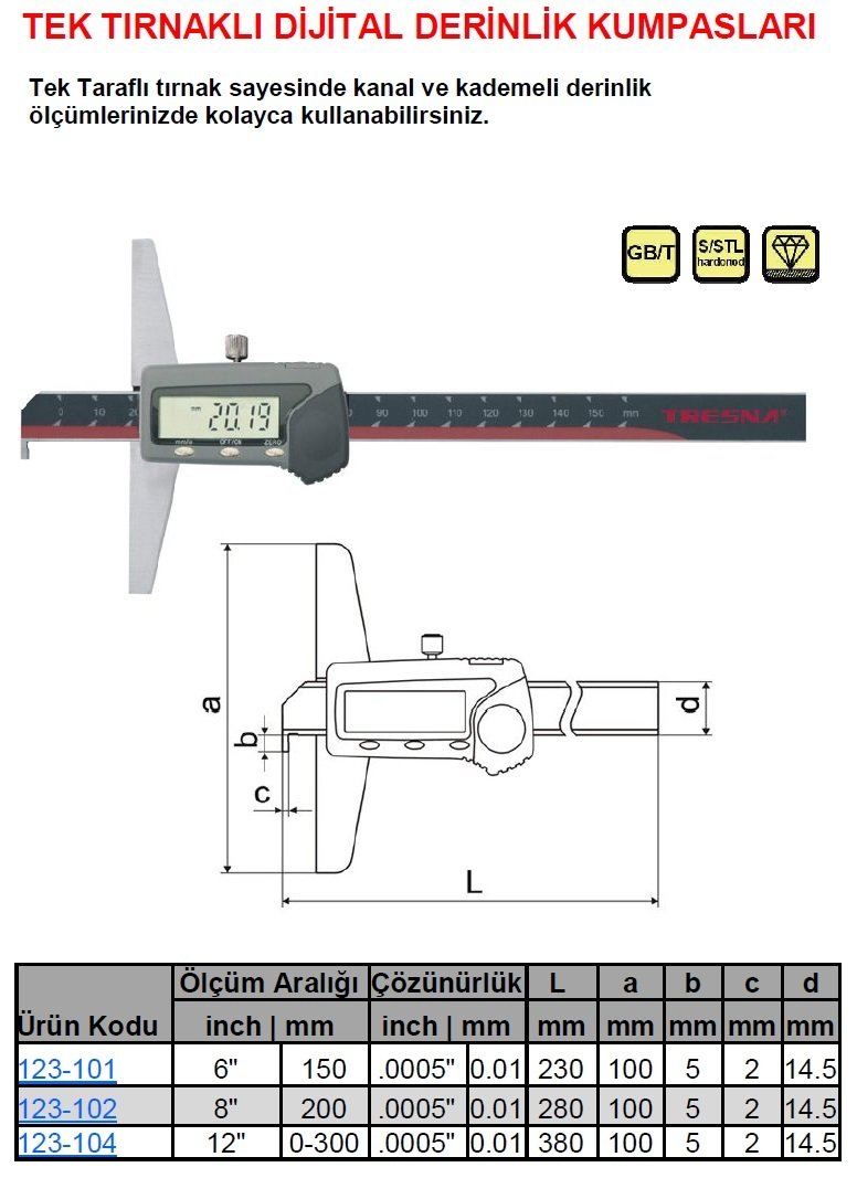 Tek Tırnaklı Dijital Derinlik Kumpası 150mm