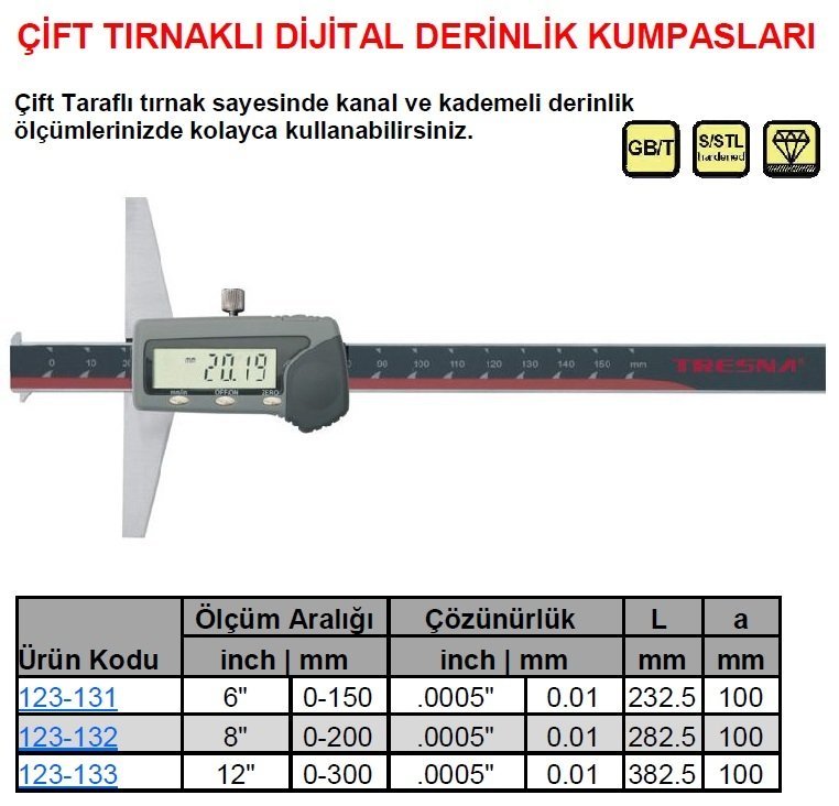 Çift Tırnaklı Dijital Derinlik Kumpası 150mm