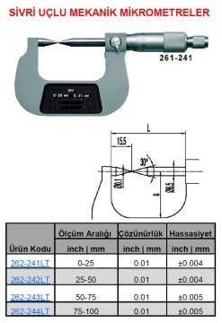 Sivri Uç Mekanik Mikrometre 0-25mm