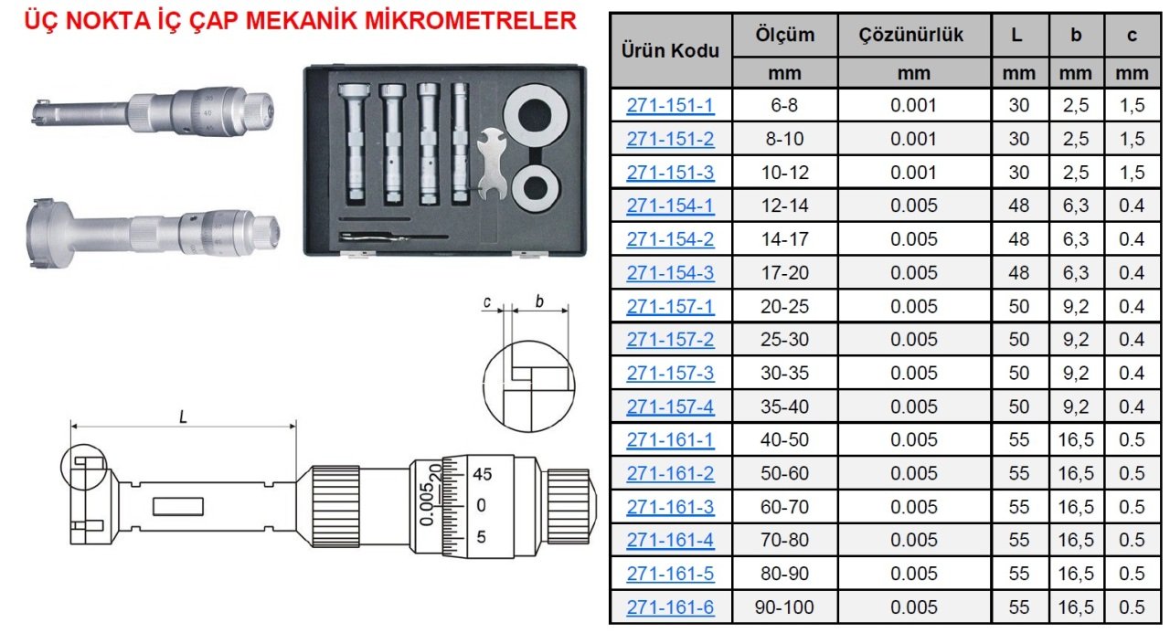 Üç Nokta Mekanik Mikrometre 40-50/0.005mm