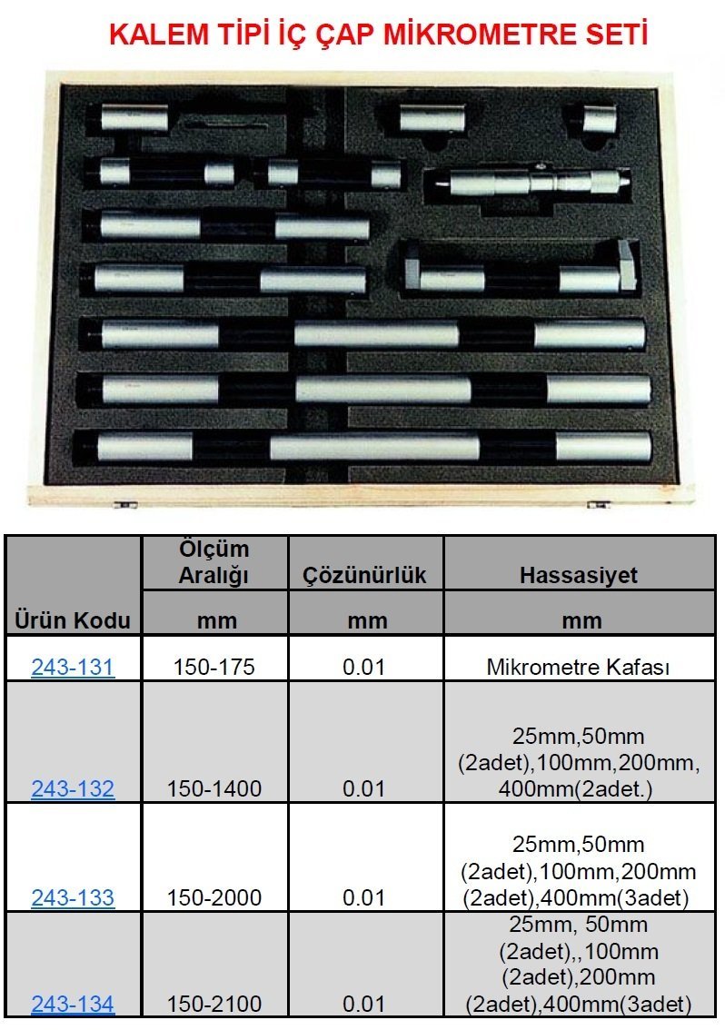 Kalem Tipi İç Çap Mikrometre Seti Kafası 150-175mm