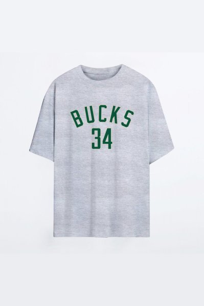 Milwaukee Bucks 136 Gri HG Erkek Oversize Tshirt - Tişört L