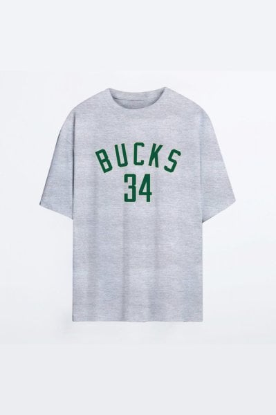Milwaukee Bucks 136 Gri HG Erkek Oversize Tshirt - Tişört XS