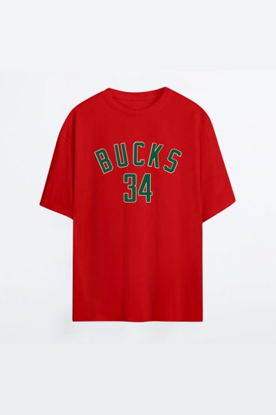 Milwaukee Bucks 136 Kırmızı HG Erkek Oversize Tshirt - Tişört XS