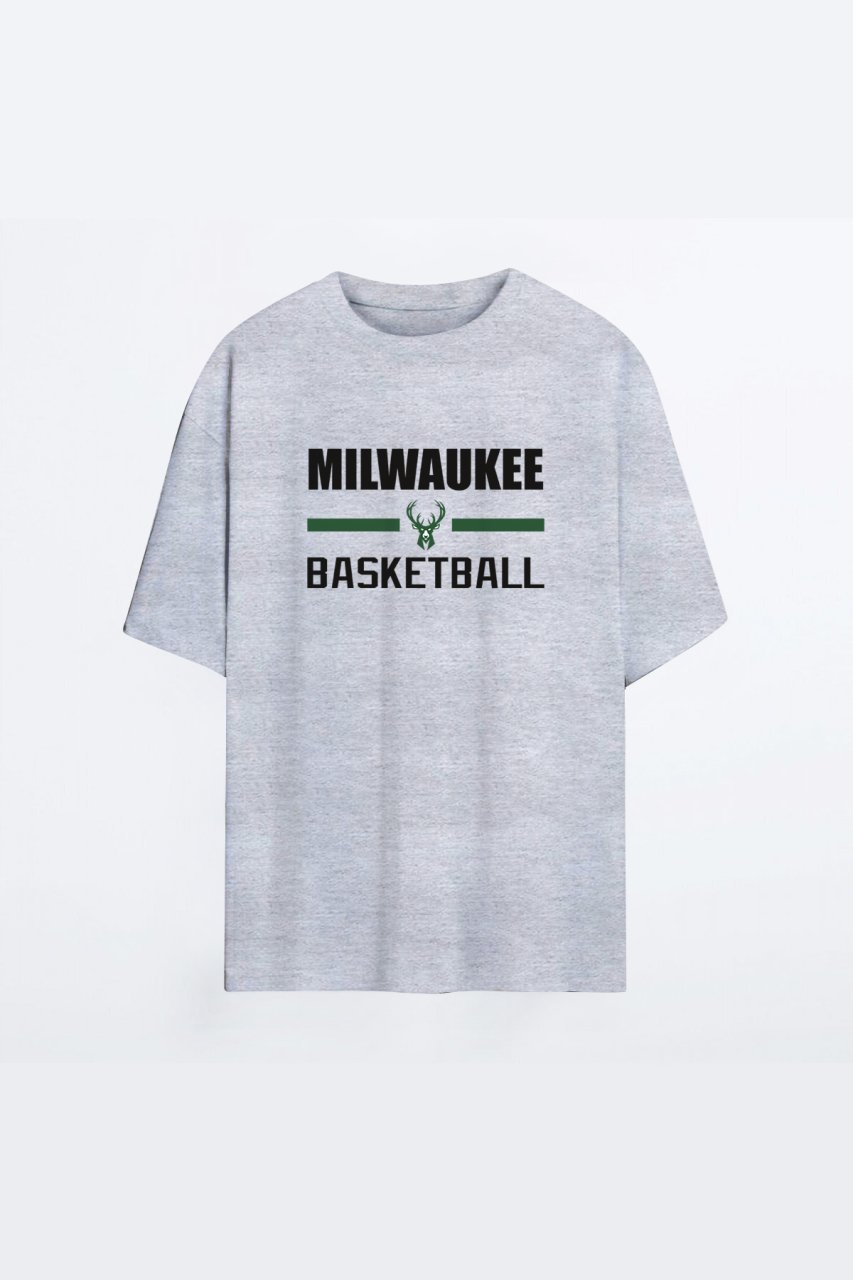 Milwaukee Bucks 137 Gri HG Erkek Oversize Tshirt - Tişört XL
