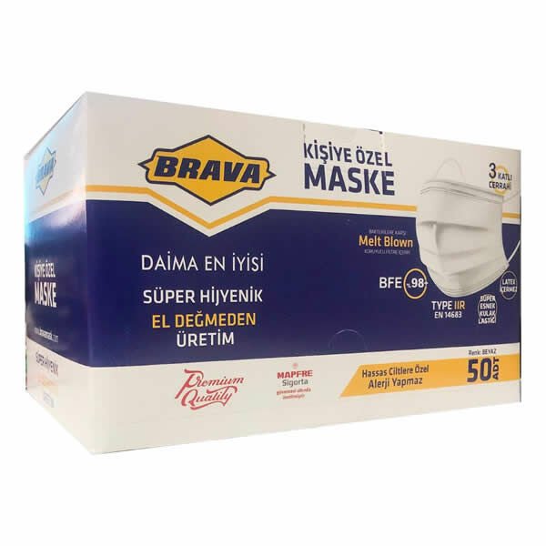 Brava 50 li Telli Beyaz Tekli Ambalaj Maske