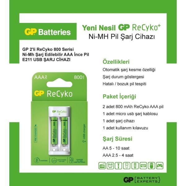 GP E211 Usb Şarj Cihaz + 2 li AAA 800 mAh Pil