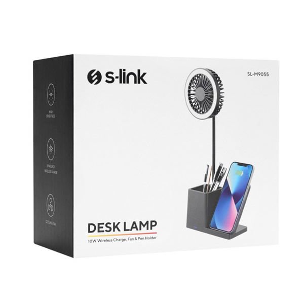 S-link SL-M9055 Siyah TypeC 10W Kablosuz Şarj Cihazı Fanlı Kalemlikli Masa Lambası