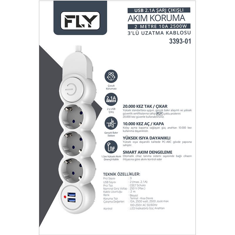 Fly 3393-01 3lü 2mt 2.1A Anahtarlı 2Usb Şarj Çıkışlı Akım Korumalı 2500w