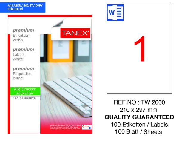 Tanex TW-2000 210x297mm 100 lü Lazer Etiket