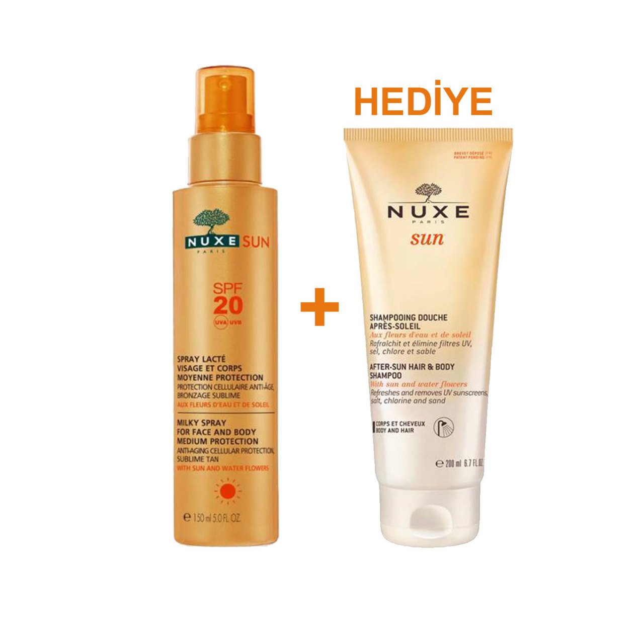 Nuxe Spray Lacte SPF20 Güneş Koruyucu Yüz ve Vücut Sütü 150 ml + After Sun Güneş Sonrası Duş Şampuanı 200 ml HEDİYE