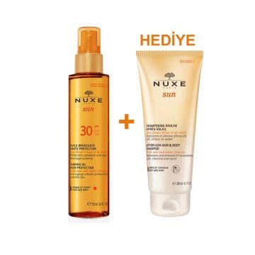 Nuxe Sun Huile Bronzante SPF30 Bronzlaştırıcı Yüz ve Vücut Yağı 150 ml + After Sun Güneş Sonrası Duş Şampuanı 200 ml HEDİYE