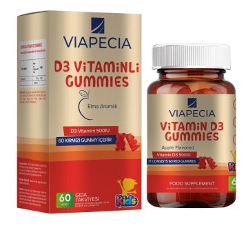 Viapecia Kids D3 Vitaminli Gummies Elma Aromalı Takviye Edici Gıda 60 Adet