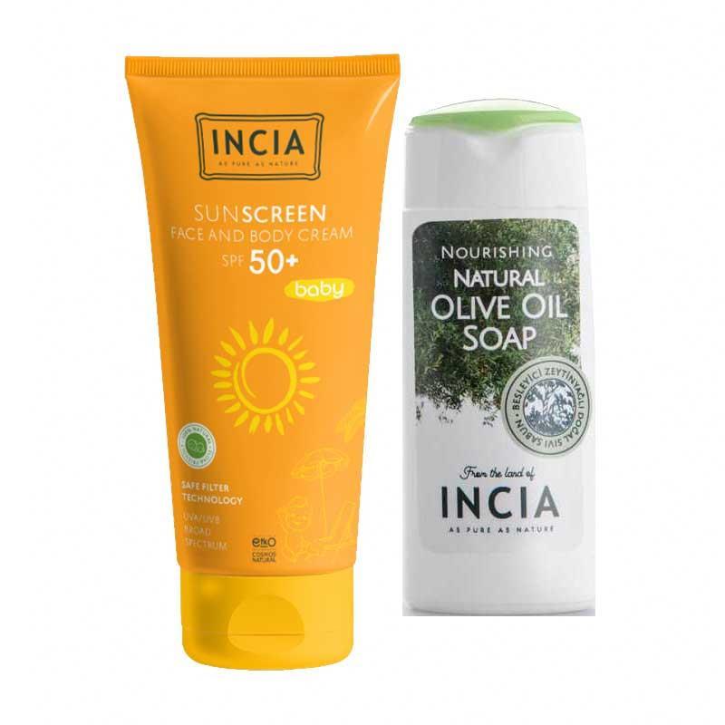 Incia SunScreen Bebekler İçin Doğal Güneş Kremi 50 SPF 70 ml El ve Vücut Sabunu 50ml Hediye
