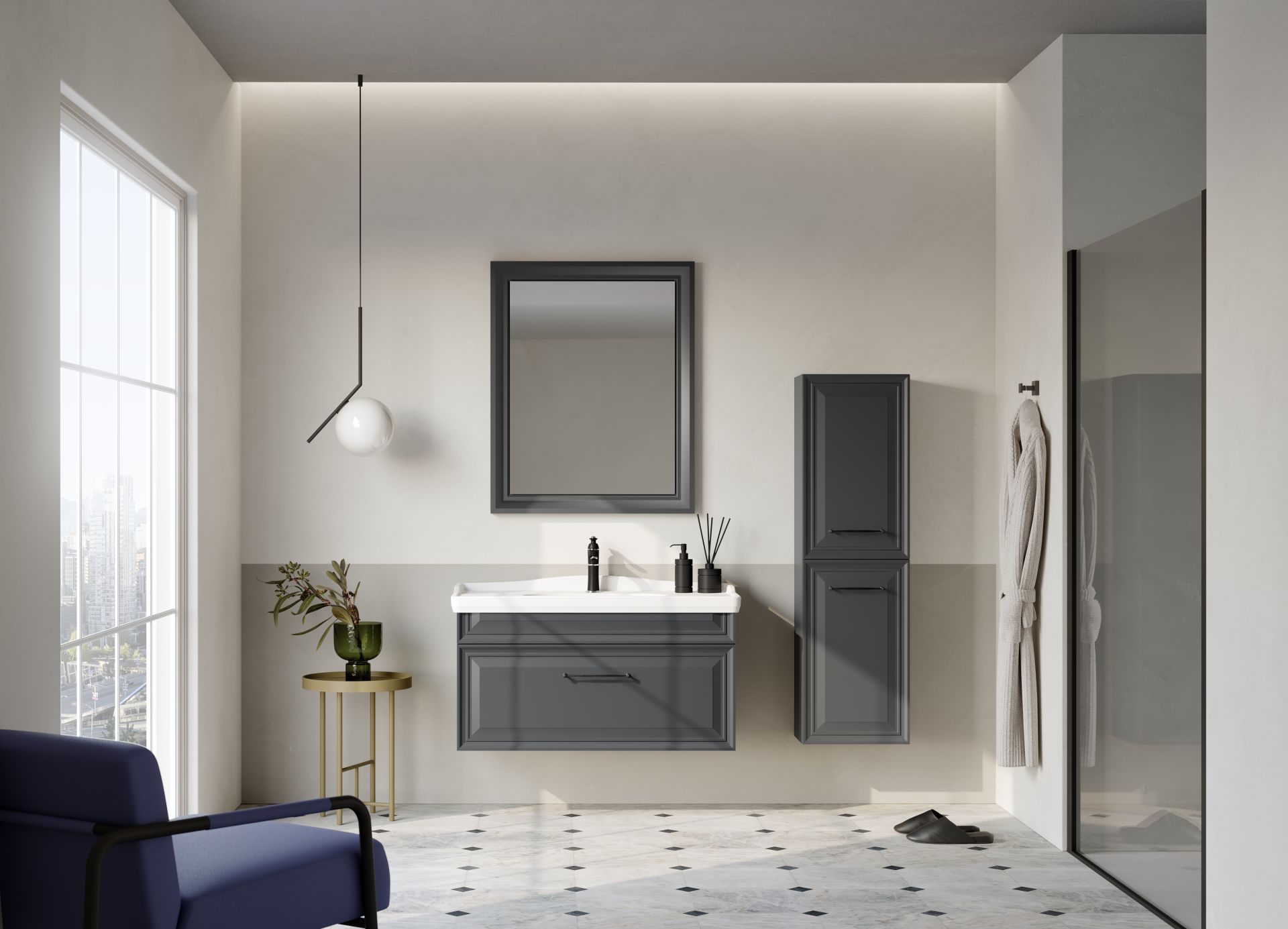Orka Design 80 Banyo Dolabı + Boy Dolabı 40 Antrasit ( Boy Dolabı Dahildir )