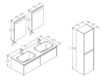 Orka Lisbon 132 Banyo Dolabı (Çift Lavabolu) (Çift 45x65 Led Aynalı) + Boy Dolabı 40 Kaşmir (Boy Dolabı Dahildir)