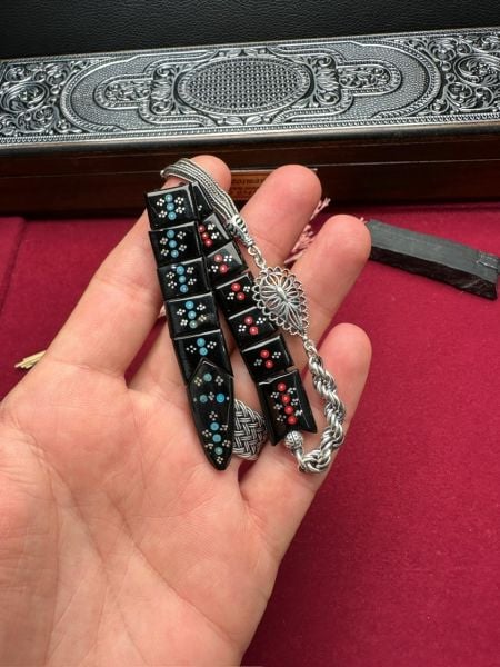 Gümüş İşlemeli Erzurum Oltu Taşı Balık Tesbih