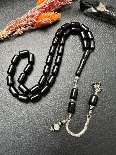 Kapsül Model Gümüş İşlemeli Erzurum Oltu Taşı Tesbih