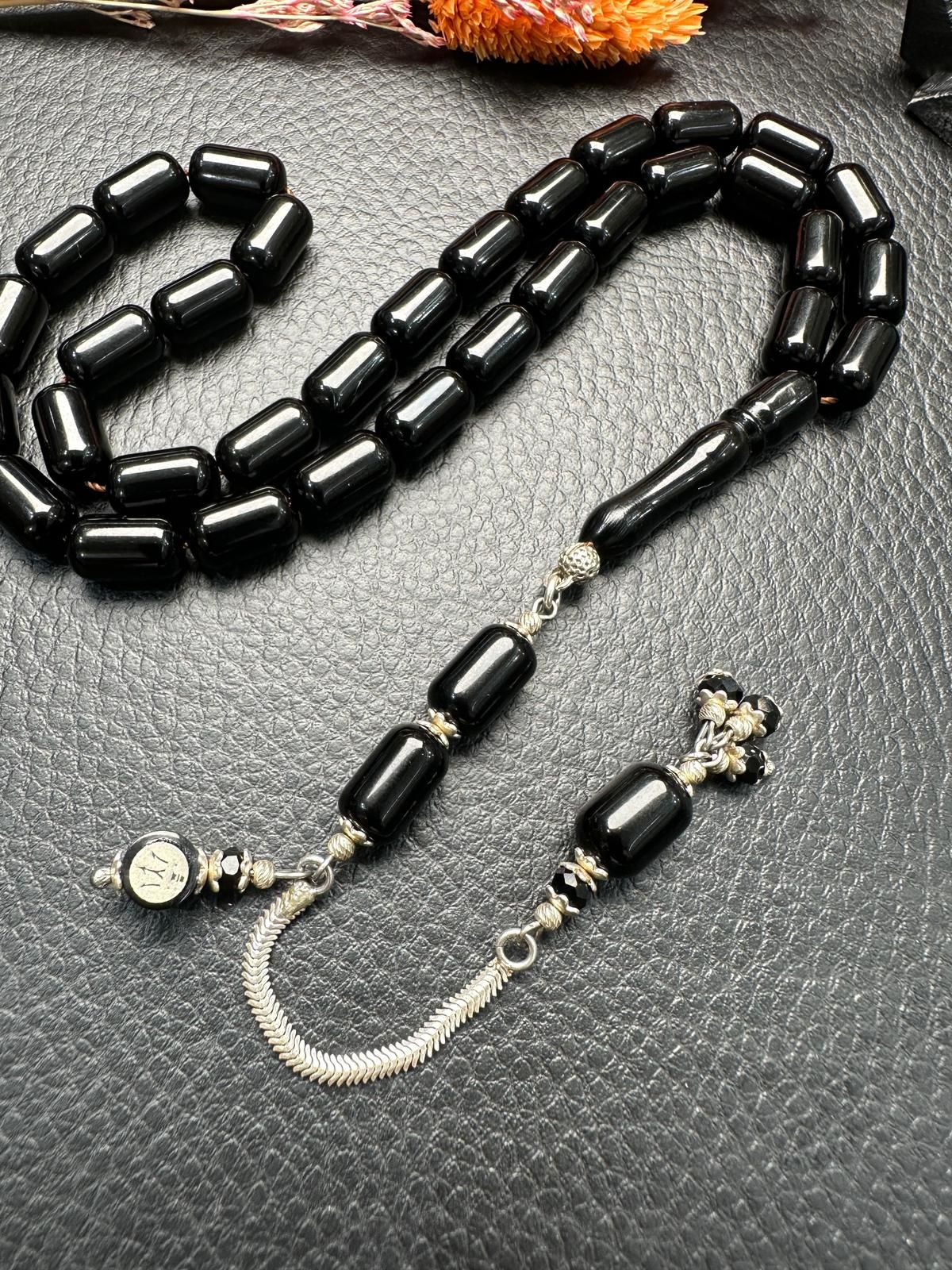 Kapsül Model Gümüş İşlemeli Erzurum Oltu Taşı Tesbih