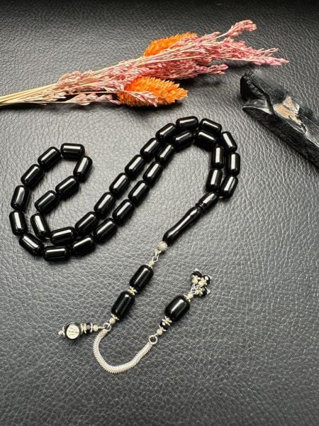 Kapsül Model Gümüş İşlemeli Erzurum Oltu Taşı Tesbih