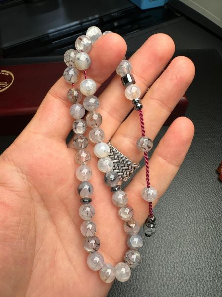 Küre Model  Hematit Dizayn Damarlı Akik Doğal Taş Tesbih