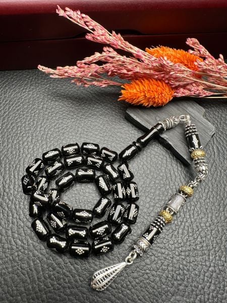 Kapsül Model Gümüş  İşlemeli Erzurum Oltu Taşı Tesbih