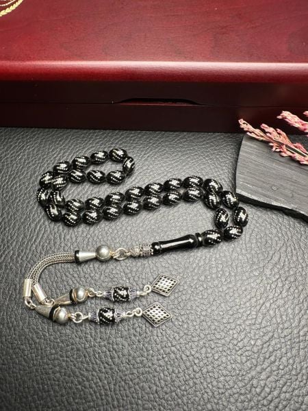 Badem Model Gümüş  İşlemeli Erzurum Oltu Taşı Tesbih