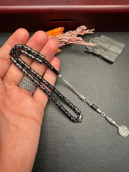 Kesme Model Gümüş  İşlemeli Erzurum Oltu Taşı Tesbih