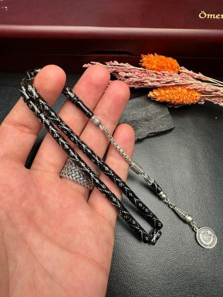 Kesme Model Gümüş  İşlemeli Erzurum Oltu Taşı Tesbih