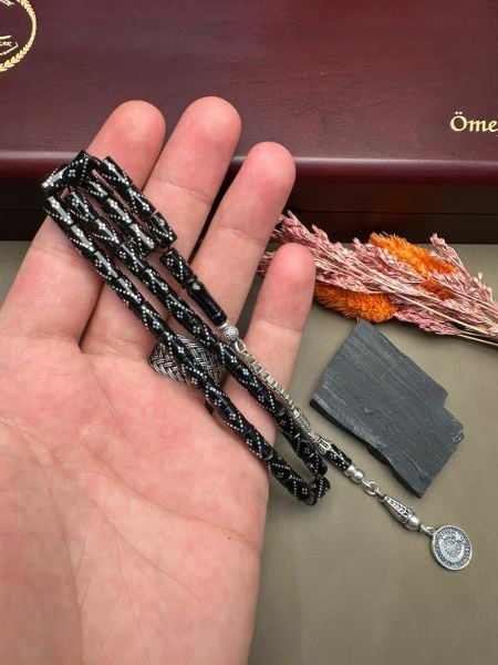 Kesme Model Gümüş  İşlemeli Erzurum Oltu Taşı Tesbih