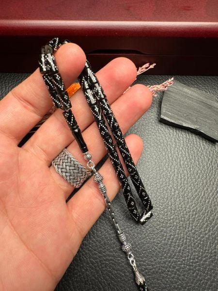 Kesme Model Gümüş  İşlemeli Erzurum Oltu Taşı Tesbih