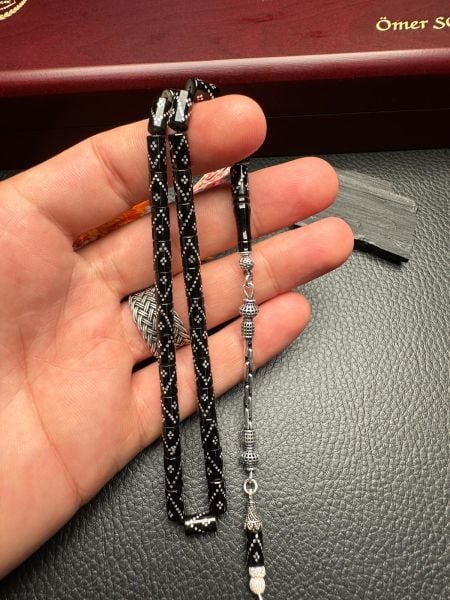 Kesme Model Gümüş  İşlemeli Erzurum Oltu Taşı Tesbih