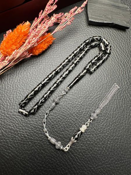 Kesme Model Gümüş  İşlemeli Erzurum Oltu Taşı Tesbih